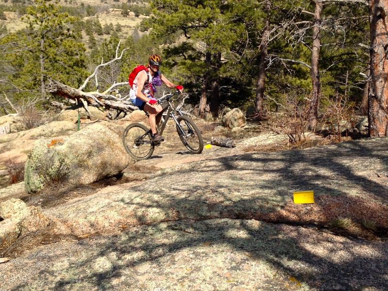 Yellow markers keep you on track as you climb demanding rocky terrain.  Challenging but rideable!