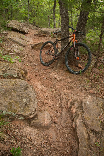 Stopping in the rock garden for a break on the Orange Trail.