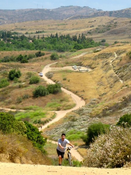 Looking back down "Big Red" from near the top. This is a seriously steep hill, and will challenge even the strongest of climbers.