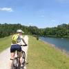 Riding the Lake Trail across the dam that impounds Double Oak Lake at Oak Mountain State Park.