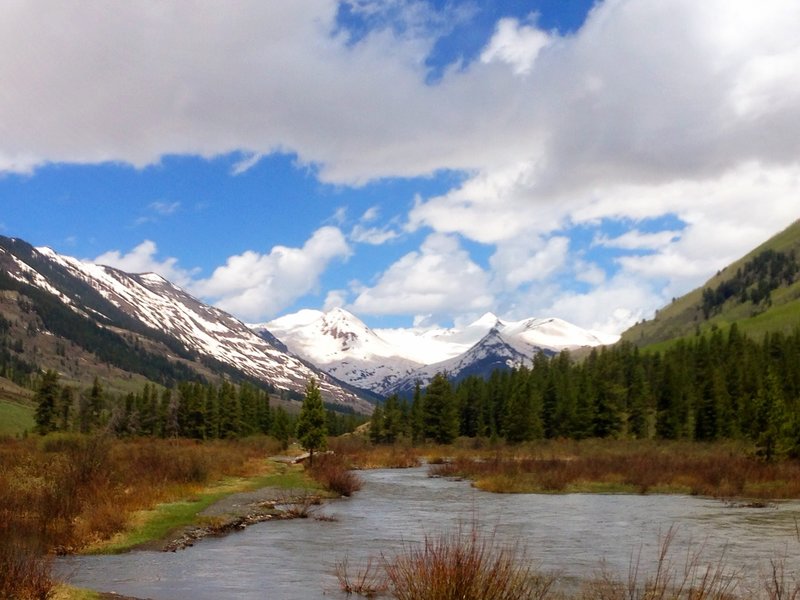 Looking back into the Oh-Be-Joyful Wilderness area and Slate River. (Wide path coming from Peanut Mine ends here and the singletrack begins to the right of the picture.)