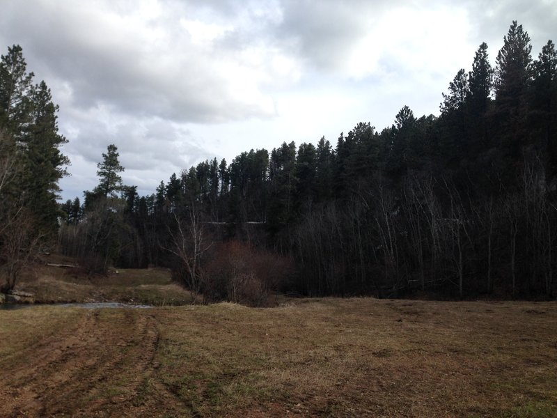 This the two track road with three stream crossings just east of the Trail J_reuter Springs trail. A section of Beary's Ride, not the snow left by the winter highlights the Reuter trail just above. This can be utilized when the snows are still higher up..