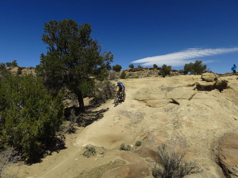 Lesley rides a slickrock ramp while Dave takes in the view.