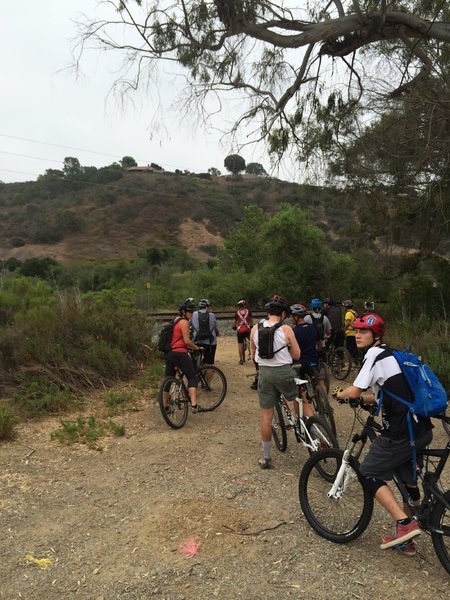 Paved path to dirt trail entrance.