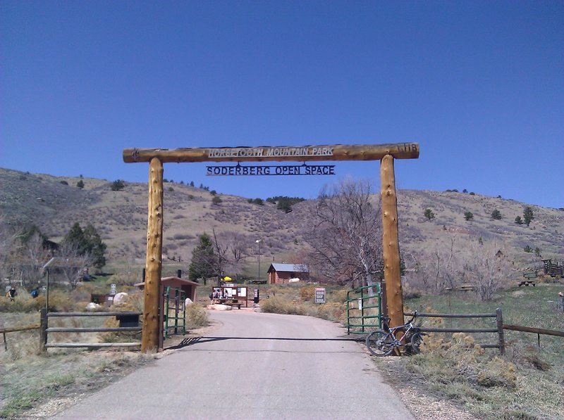 The entrance to the Soderberg Open Space parking lot at Horsetooth Mountain Park, Fort Collins, Colorado.  The shot is looking West.