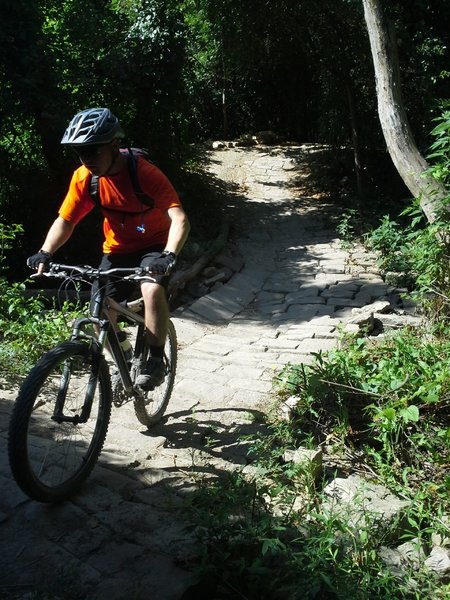 Taylor crossing the rock bridge at Walnut Creek Metro Park