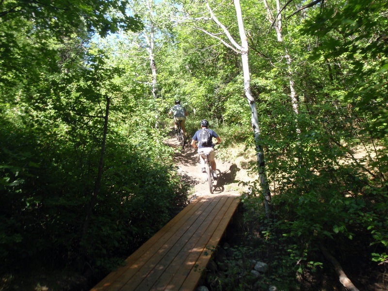 Travis Goodwin and Jared Mitchell cross a bridge.