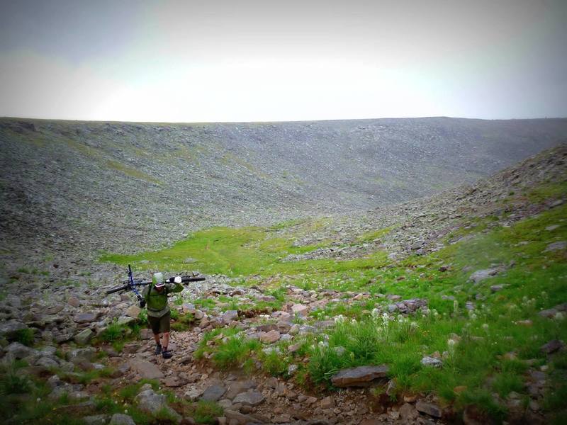 Rocky hike-a-bike to the top of Snow Mesa.