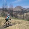 Heading down from the saddle with views of Mahoney Butte