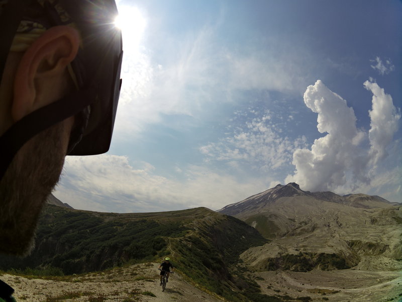 Riding back from Windy Ridge facing Mt. Saint Helens which just emitted fumes.