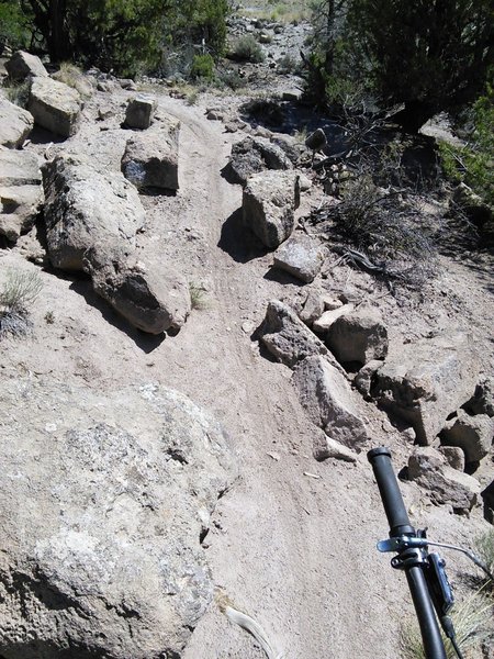 Northern section contours along a low escarpment with tight turns among rocks