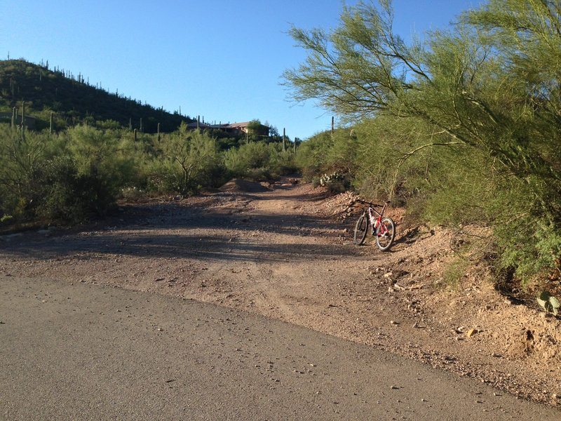 The unmarked exit from paved road onto singletrack on the Robles Loop from Genser Trailhead. Photo is looking south.