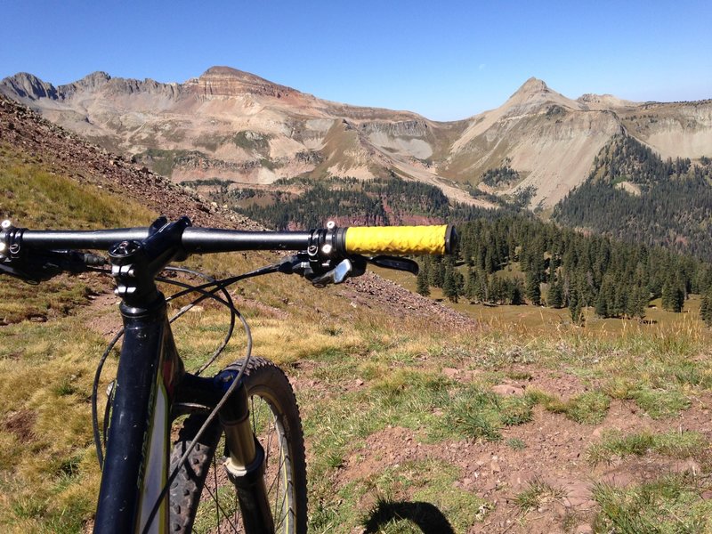 View from Indian Ridge looking across Bear Creek drainage toward Sharkstooth Pass.  Sharkstooth is the peak on the right and Centennial Peak is on the left.