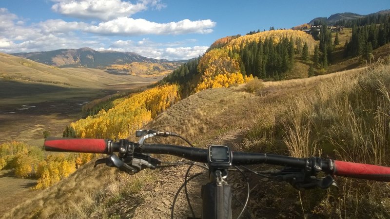 Traversing near the steep hillside of Lower Meander- the views of the East River Valley are stunning.