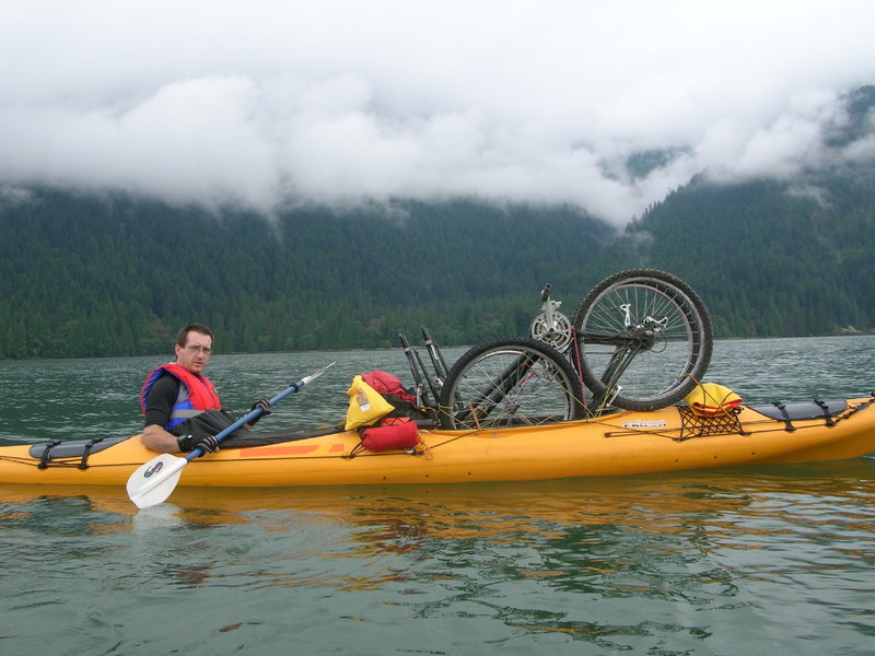 A very wet trail!  Transporting the bikes up Pitt Lake for a ride to the hotsprings.