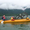 A very wet trail!  Transporting the bikes up Pitt Lake for a ride to the hotsprings.