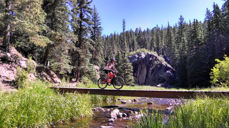 One of several rideable bridges across the East Fork of the Jemez River.