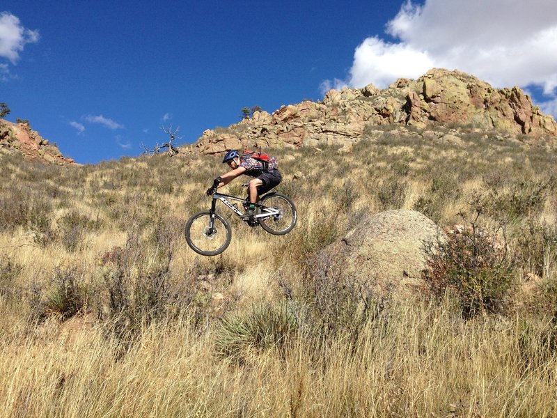 The first rock drop on Freeride Line #1 at Curt Gowdy State Park