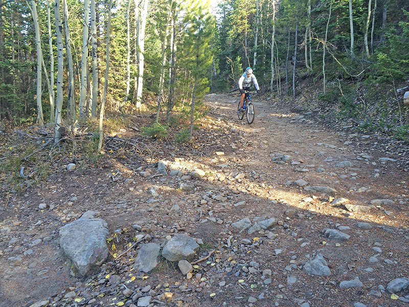 Descending the babyheads section of Hay Park Trail.