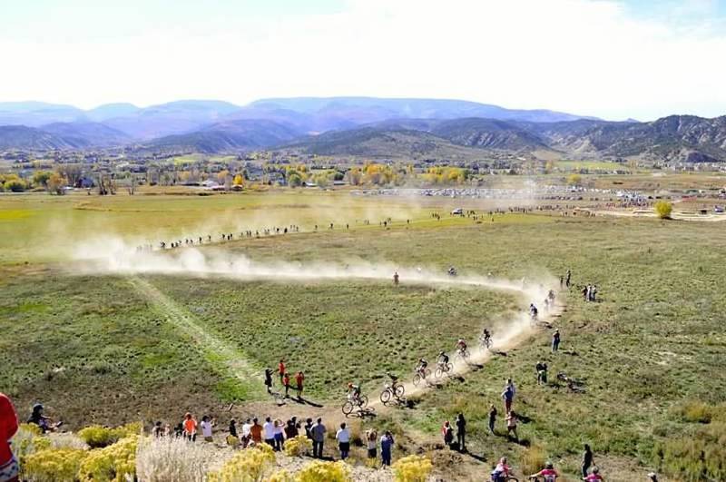 Looking down at the start of the Coloraodo HS State MTB races as competitors head across the valley on the Haymaker Trail start. Photo: Jake Vickerman