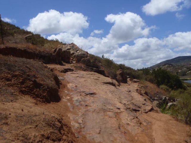 Off camber rock face on singletrack trail.