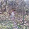 Take a right after the first railroad tie of the gravel hiking trail. The hiking trail leads to the bathroom and pavilion.