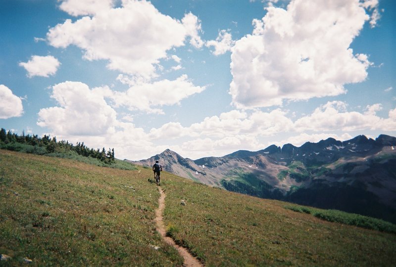 Rob Bergstrom on Indian Trail Ridge aka Colorado Trail nearing Kennebec Pass in the LaPlata Mountains riding from Bolam Pass to Durango, August 2008.