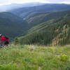 Mark Povich leading CC down the Colorado trail from Hotel Draw toward Bolam Pass August, 2005. Photo taken by John Percassi.