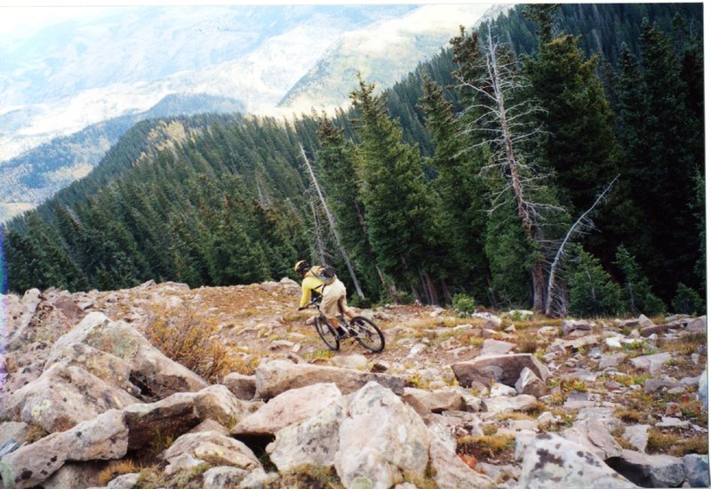 John Percassi descends the Cape of Good Hope trail from the Colorado Trail down toward Hermosa Creek. Photo by CC, Oct 2005.