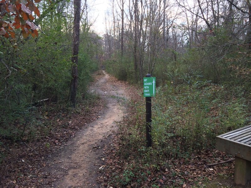 The sign to Mt. Adams MTB trail off of the Alpharetta Greenway.