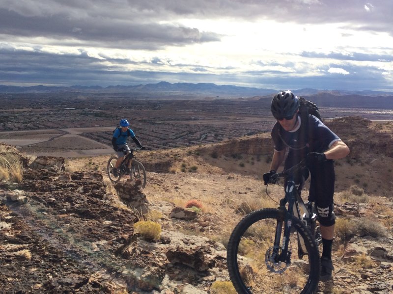 Nearing the top of the Ridge from the counter-clockwise approach. Stunning view of the Las Vegas skyline and valley are off to the rider's right.