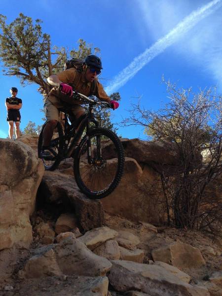 Riding through the technical section on The Ribbon. This is more difficult than the horsethief bench drop in. However, totally walkable.