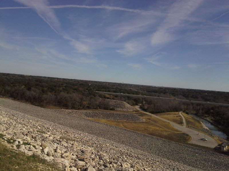 Looking east towards Georgetown, with the San Gabriel River Trail and Booty's Road below