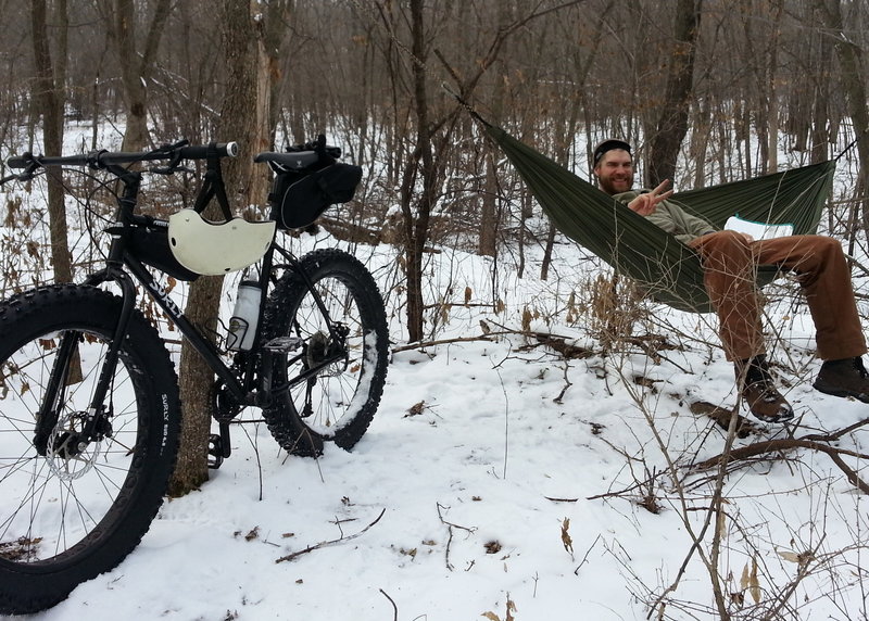 Portable hammocks make for comfy recovery after hard riding on the 'velodrome' that's part of the Figure 8 Loop.