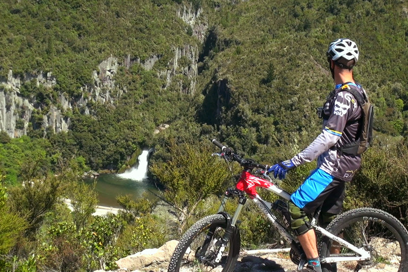 Overlooking the Waihaha Falls at the halfway point of the Waihaha Mountain Bike Trail