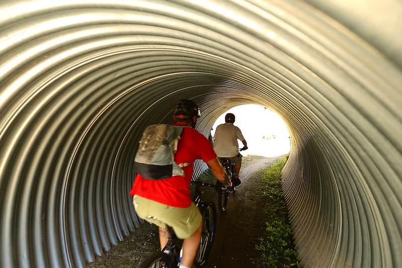 Passing through the tunnel on the Orakau mountain bike trail