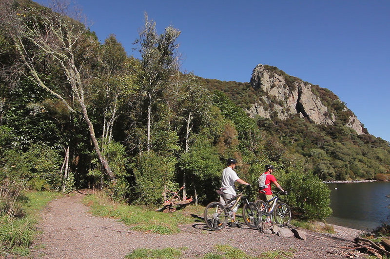 Arriving at the end of the Orakau mountain bike trail at Kawakawa Bay