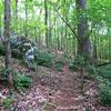 Narrow navigation by large boulder in mid spring.