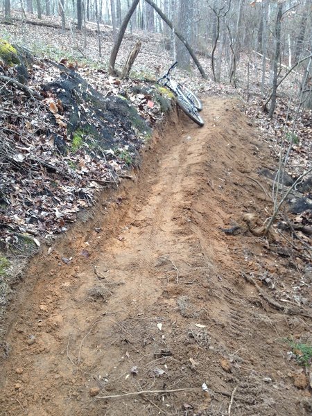 Bench cut at the transition from a fast flowing downhill to a steep switchbacked climb that will have you grunting and wheezing on Stowers Loop Extension