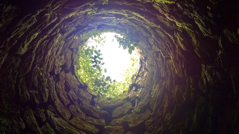 Looking up out of the Henry Clay Iron Furnace at the bottom of Rhododendron/Advanced Ski Trail