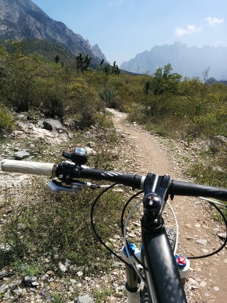 Looking down the beginning of the descent of Rhinos, La Huasteca Trail