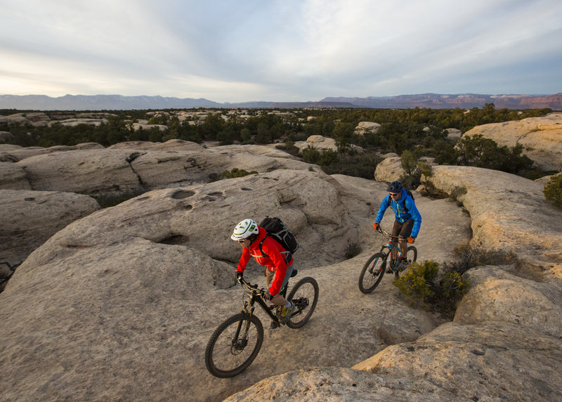 As the South Rim Trail turns back from the edge of Gooseberry Mesa, it traverses large islands of white slickrock.