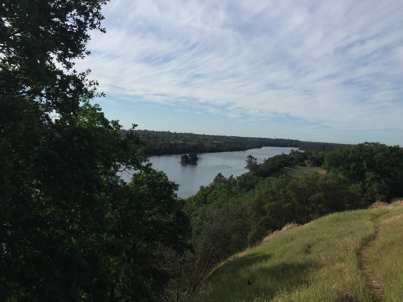 View of Lake Natoma and China Hat from the top of the bluffs.  Lake Natoma Trail