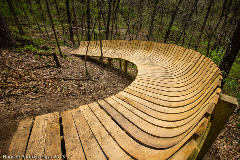 Curved wood berms at Illiniwek Forest Preserve on the newly rerouted South Loop descent.