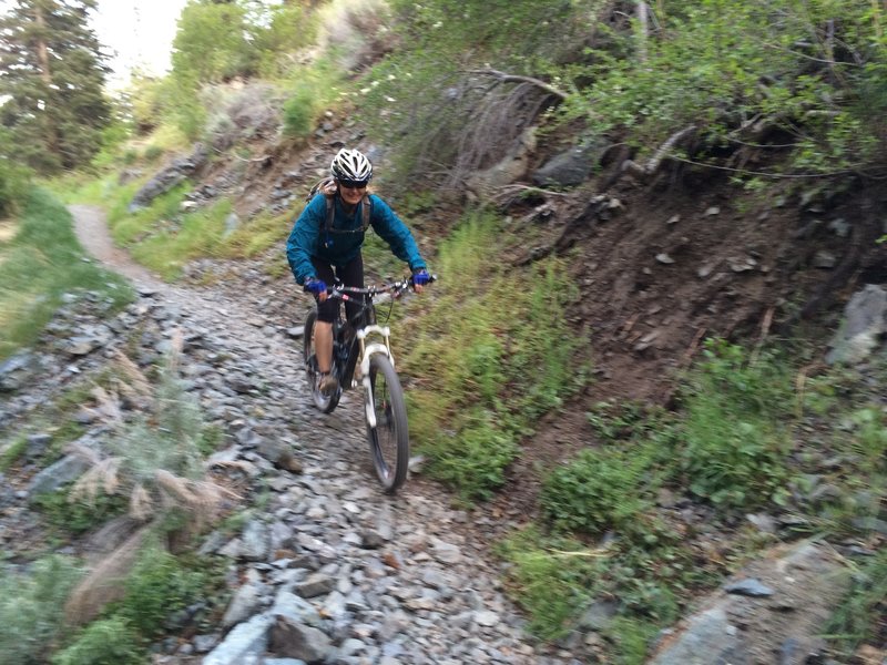 Cruising the runout after negotiating the steep tricky switchbacks and long downhill out of Genoa Cyn. Good to bring layers, the sun and temps drop fast toward the end of the day.