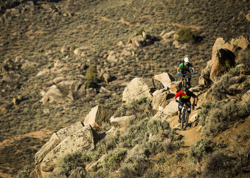 Navigating a boulder section on The Ridge trail.