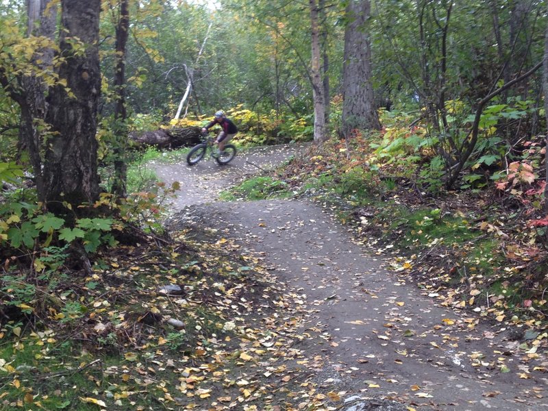 Coming through the lower berms on the flow trail at Palmer Bike Park