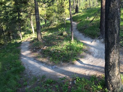 First of the two tight, back to back turns on the Chase Trail descent.