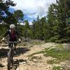 Ascending some Yellow Dot good-ness with the Indian Peaks in the background.