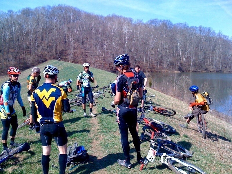 Regrouping on top of the Dow Lake Dam, right at one of the entrances to Sundown Trail.